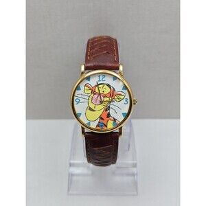 Vintage Timex Disney Pooh Tigger Gold Tone Brown Leather Band Quartz New Battery